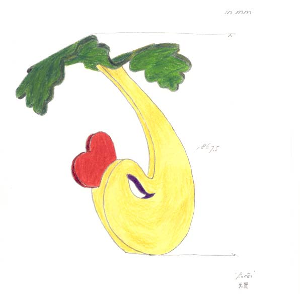 kleurpotloodtekening van een karper met een staart van een eikenblad &copy; Andr&eacute; Boone