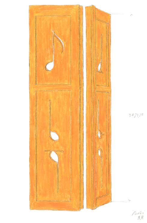 kleurpotloodtekening van een romeinse tempeldeur, in de panelen zijn muzieknoten getekend &copy; Andr&eacute; Boone