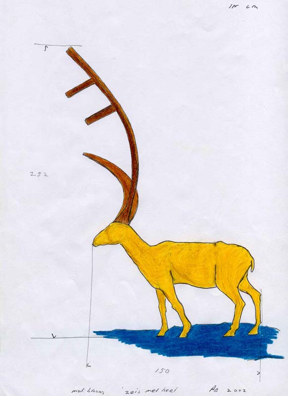 kleurpotkoodtekening van een hert met een gewei van een zeis &copy; Andr&eacute; Boone