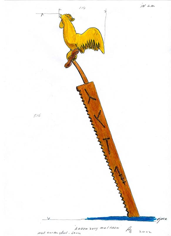 kleurpotloodtekening van een verticaal gerichte kraanzaag met huismerken, met daarop een kraaiende haan &copy; Andr&eacute; Boone