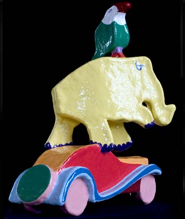 For the philosopher H., a Bugatti Profil&eacute;, on top of that an elephant and a bird. The sculpture is made of polyester and painted